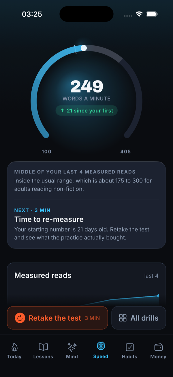 The reading speed test showing a measured words-per-minute result