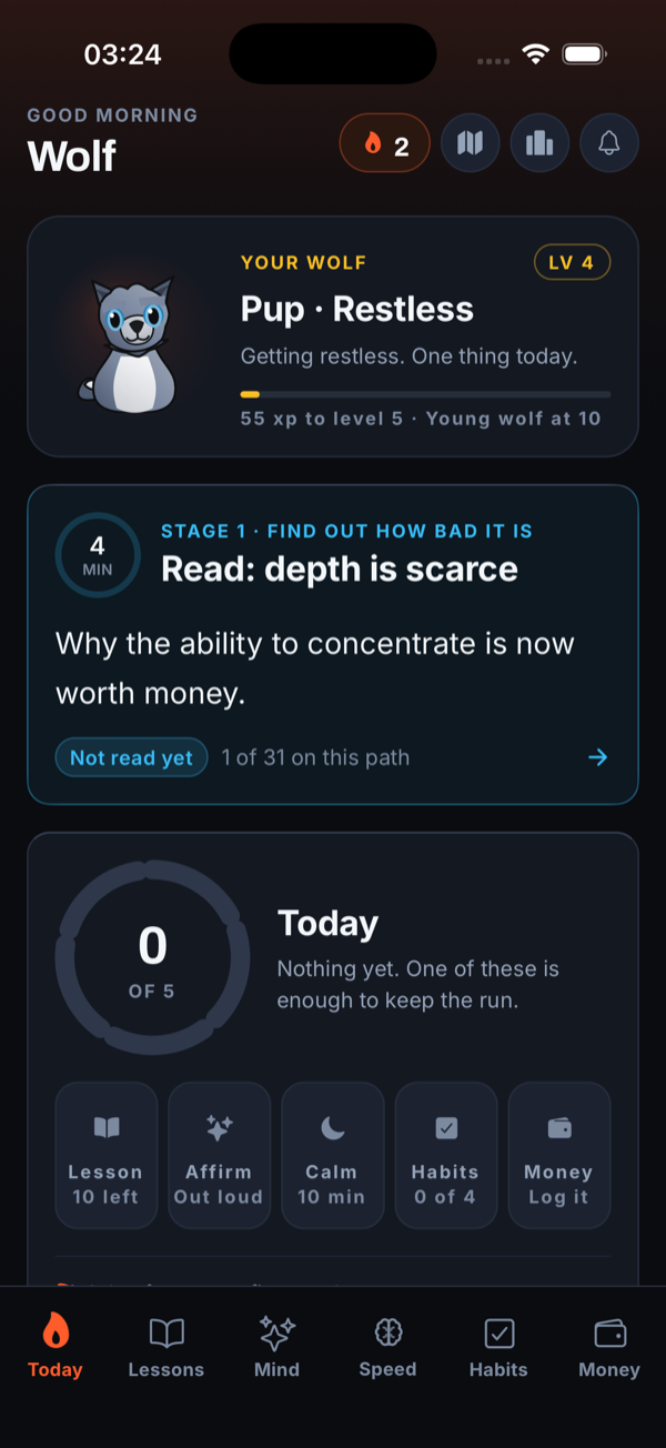 The Today screen showing a single step for tonight